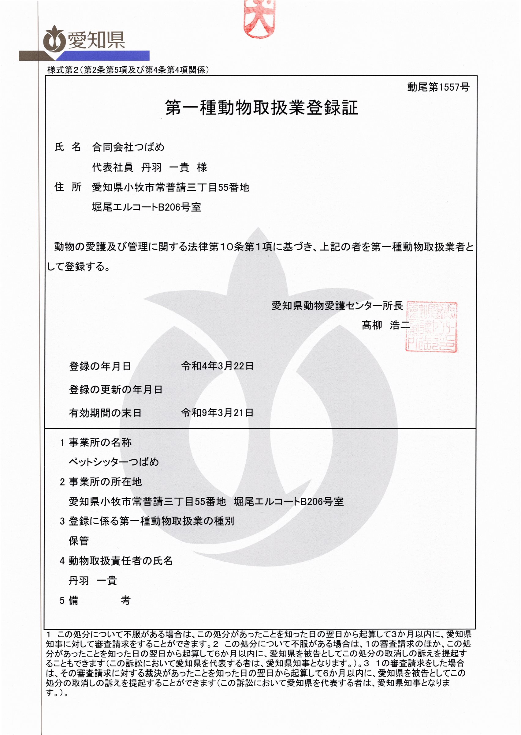 動物取扱業 許可証